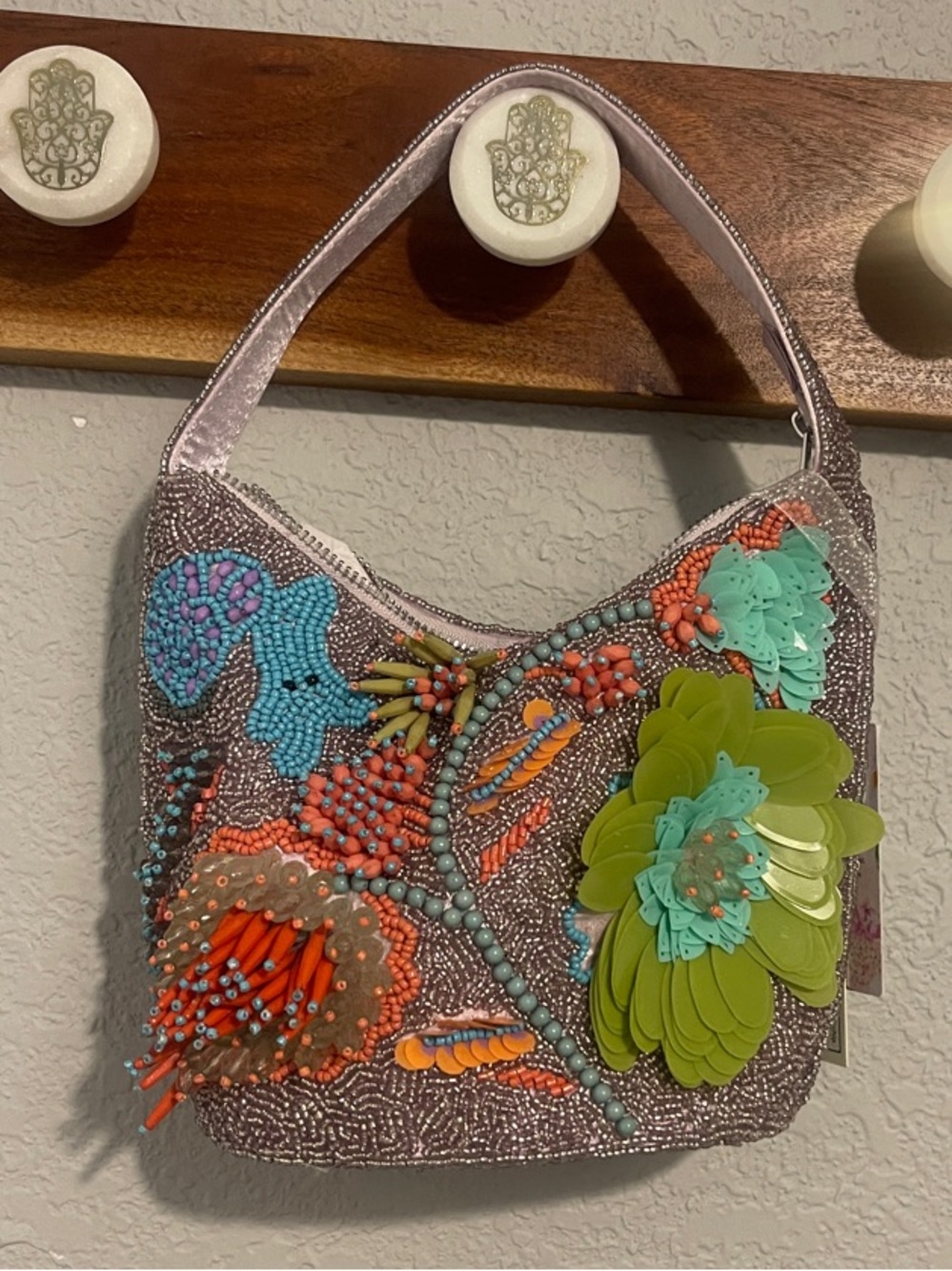 Viral Beaded Bag - Floral Appliqué Satchel Bag - Green & Coral Accents